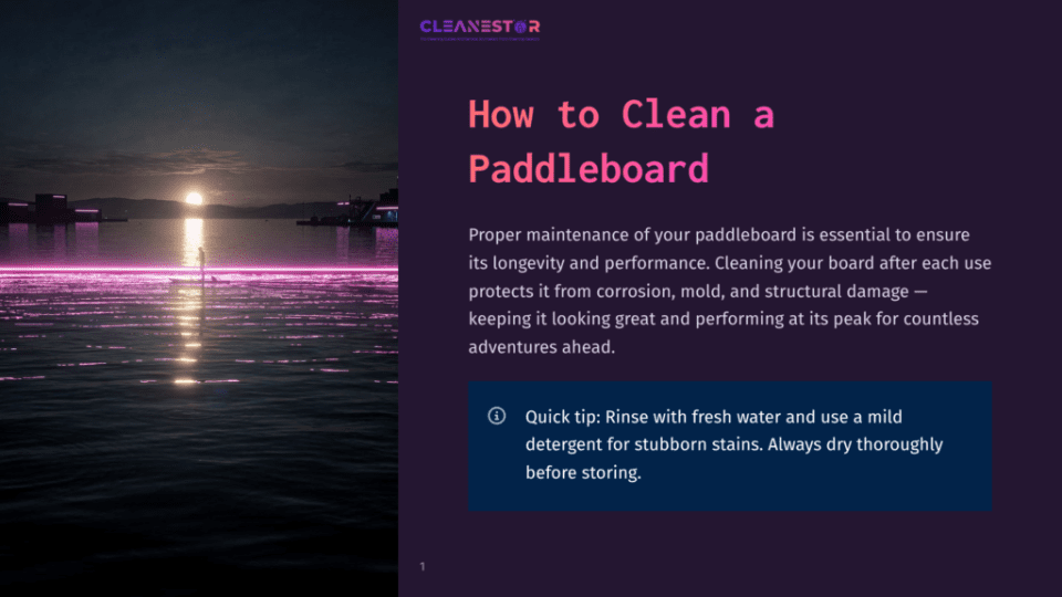 1 How To Clean A Paddleboard Cleanestor Logo Above Text &Quot;How To Clean A Paddleboard&Quot; On A Dark Background, With A Serene Sunset Scene Of A Person Paddleboarding On Calm Water Reflecting Neon Pink Lights.