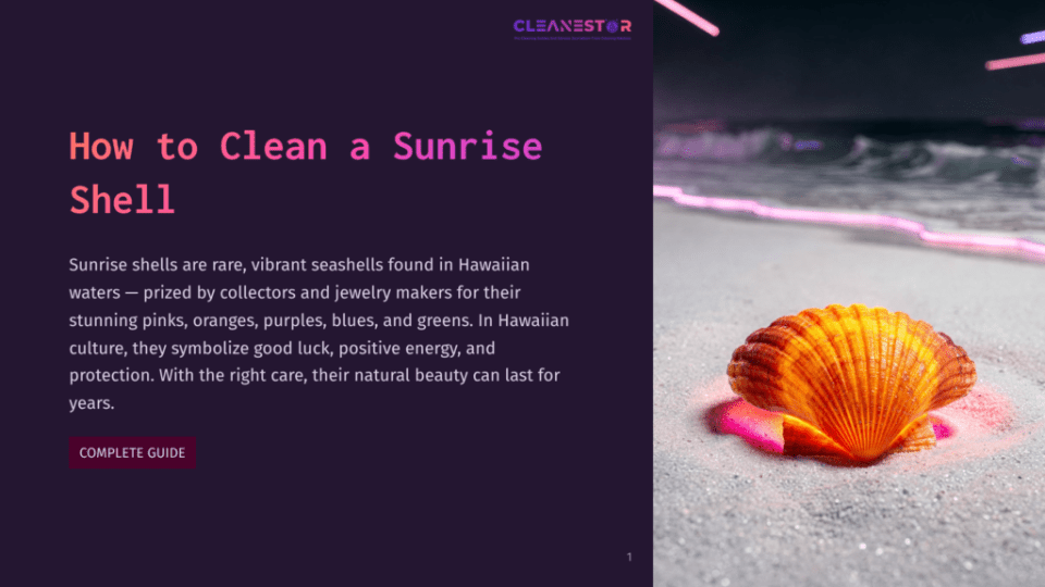 1 How To Clean A Sunrise Shell A Vibrant Orange Sunrise Shell Sits On Wet Sand, With Pink And Purple Light Reflecting On The Beach And Ocean Waves. The Text &Quot;Cleanestor&Quot; Is Visible At The Top, Along With &Quot;How To Clean A Sunrise Shell&Quot;.