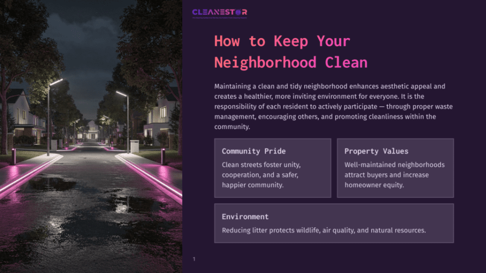 1 How To Keep Your Neighborhood Clean A Clean And Well-Maintained Neighborhood Street At Dusk, Lined With Houses And Illuminated By Modern Streetlights With Pink Accents. The Text &Quot;Cleanestor: How To Keep Your Neighborhood Clean&Quot; Is Visible.