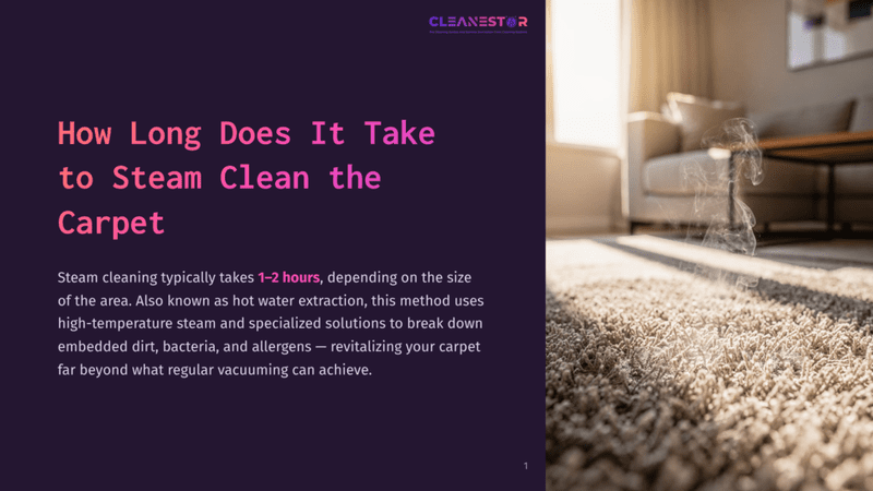 1 How Long Does It Take To Steam Clean The Carpet Steam Rising From A Plush, Cream-Colored Carpet In A Sunlit Living Room, With A Sofa And Coffee Table Blurred In The Background. Text Overlay Reads &Quot;How Long Does It Take To Steam Clean The Carpet&Quot;.