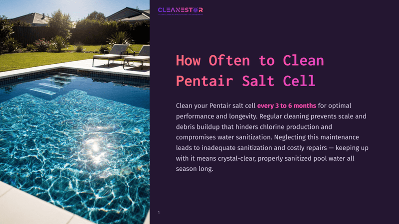 1 How Often To Clean Pentair Salt Cell A Pristine, Sunlit Swimming Pool With Clear Blue Water And A Tiled Edge, Next To A Manicured Lawn And A House. Text Overlay Reads: &Quot;Cleanestor, How Often To Clean Pentair Salt Cell&Quot;.
