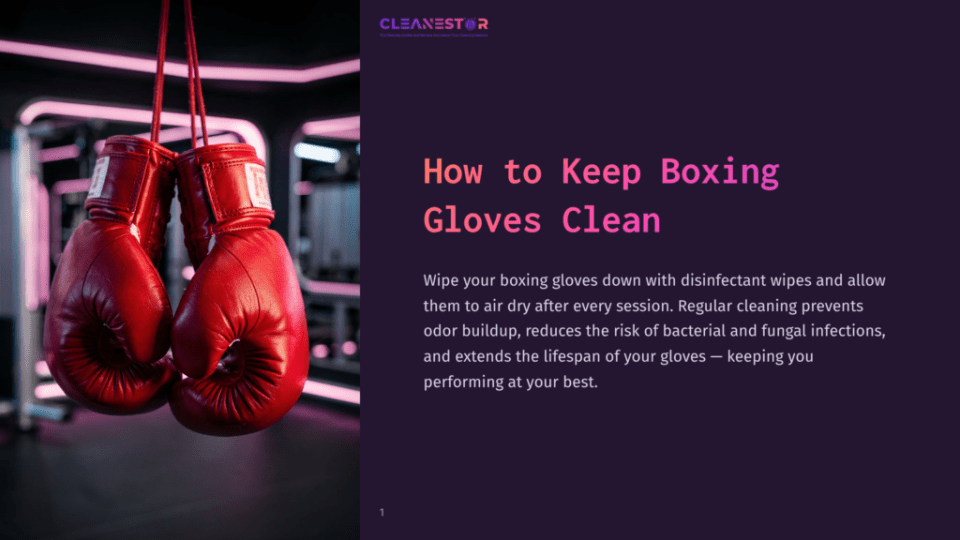 1 How To Keep Boxing Gloves Clean A Pair Of Red Boxing Gloves Hang From Red Ropes In A Gym, With Neon Pink Lights In The Background. The Image Includes The Text &Quot;Cleanestor&Quot; And &Quot;How To Keep Boxing Gloves Clean&Quot;.