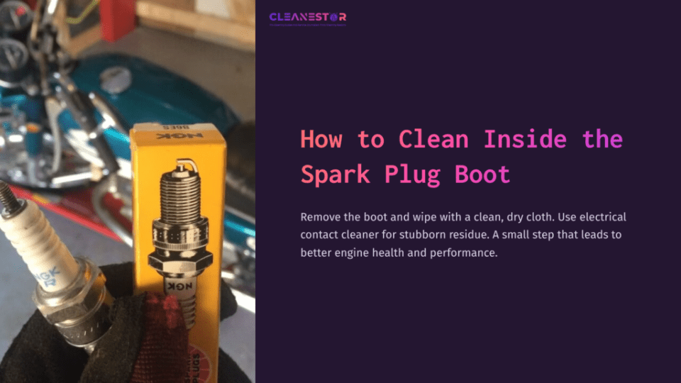 1 How To Clean Inside The Spark Plug Boot Close-Up Of A Spark Plug With A Yellow Box And A Red Cleaning Cloth, Set Against A Blurred Blue Background.