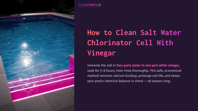 1 How To Clean Salt Water Chlorinator Cell With Vinegar Bright Blue Swimming Pool With A Pink-Lit Edge, Next To A Clean Salt Water Chlorinator Cell; Text Instructions For Cleaning With Vinegar.