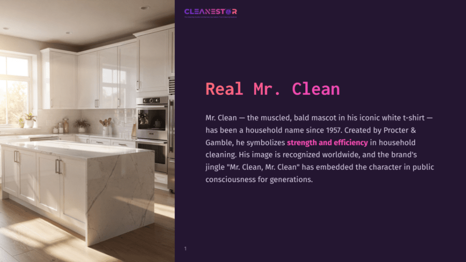 1 Real Mr Clean Cleanestor Logo Above A Modern, Sun-Drenched Kitchen With White Cabinets, A Marble Island, And Stainless Steel Appliances. Text Reads &Quot;Real Mr. Clean - Mr. Clean - The Muscled, Bald Mascot In His Iconic White T-Shirt - Has Been A Household Name Since 1957. Created By Procter &Amp; Gamble, He Symbolizes Strength And Efficiency In Household Cleaning. His Image Is Recognized Worldwide, And The Brand'S Jingle &Quot;Mr. Clean, Mr. Clean&Quot; Has Embedded The Character In Public Consciousness For Generations.