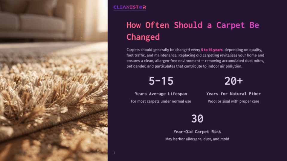1 How Often Should A Carpet Be Changed Close-Up Of A Textured Beige Carpet With Soft Lighting, Featuring The Cleanestor Logo And Text About Carpet Lifespan And Risk.