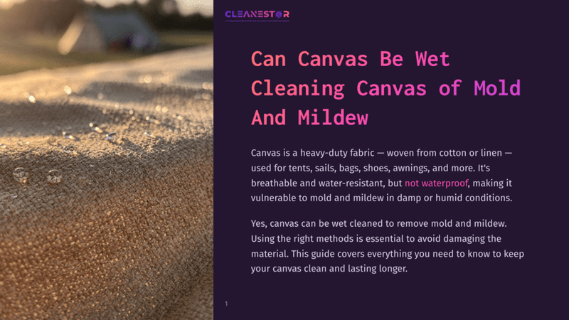 1 Can Canvas Be Wet Cleaning Canvas Of Mold And Mildew 1 Close-Up Of A Water-Resistant Canvas Fabric With Dew Drops, Suggesting Outdoor Use For Tents, Sails, And Awnings. The Text &Quot;Cleanestor&Quot; Is Visible.