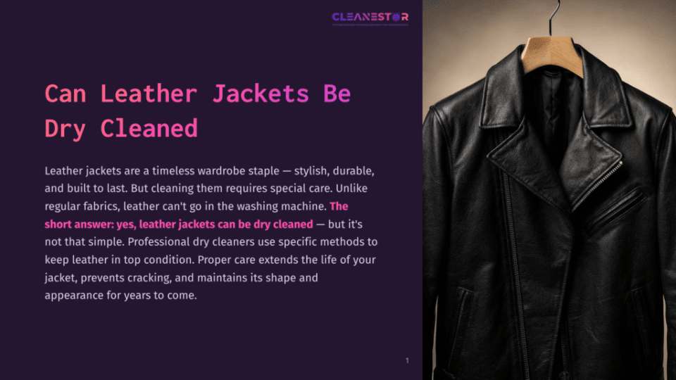 1 Can Leather Jackets Be Dry Cleaned A Black Leather Jacket Hangs On A Wooden Hanger Against A Soft, Neutral Background. The Jacket Has A Classic Biker Style With A Spread Collar And Zipper Details.