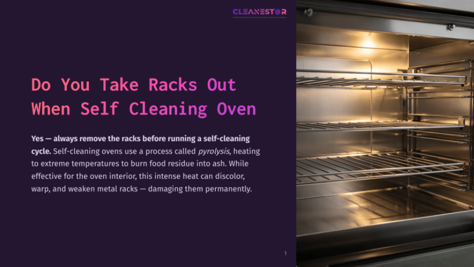 1 Do You Take Racks Out When Self Cleaning Oven Interior Of A Clean, Empty Oven With Three Shiny Metal Racks, Illuminated By Bright Interior Lights. Text Overlay Reads: &Quot;Do You Take Racks Out When Self Cleaning Oven?