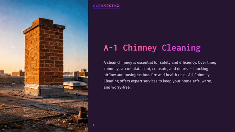 1 A 1 Chimney Cleaning A Brick Chimney Stands On A Rooftop At Sunset, With The Text &Quot;A-1 Chimney Cleaning&Quot; Visible On The Right.