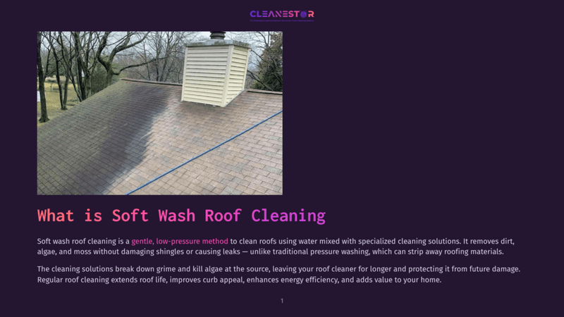 1 What Is Soft Wash Roof Cleaning A Soft Wash Roof Cleaning In Progress Shows A Shingled Roof With A Clean Section On The Left And A Dirty, Moss-Covered Section On The Right, With A Chimney In The Background.