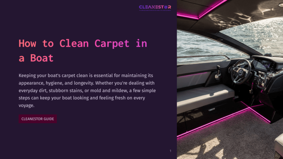 1 How To Clean Carpet In A Boat Interior Of A Boat With A Purple And Pink Accent Lighting, Featuring A Beige Leather Seat, Black Steering Wheel, And A Dashboard With Buttons And Displays. The Title &Quot;How To Clean Carpet In A Boat&Quot; Is Displayed Prominently.
