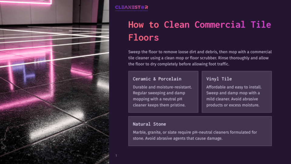 1 How To Clean Commercial Tile Floors Cleanestor Logo And Text &Quot;How To Clean Commercial Tile Floors&Quot; Over A Glossy, Dark Tiled Floor Reflecting Pink Light From Above.
