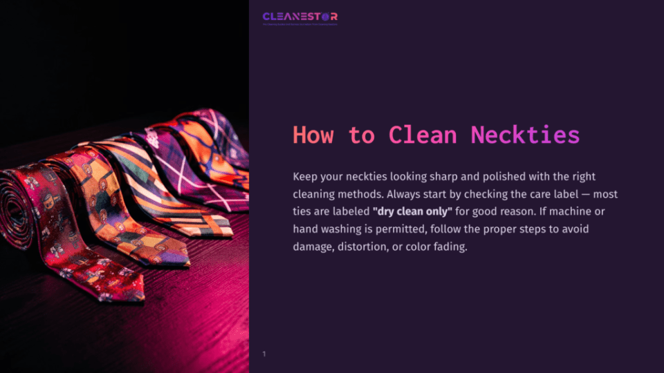 1 How To Clean Neckties Close-Up Of Four Colorful, Patterned Silk Neckties Arranged Diagonally On A Dark Surface, Illuminated By Vibrant Pink And Purple Light. The Text &Quot;How To Clean Neckties&Quot; Is Visible.