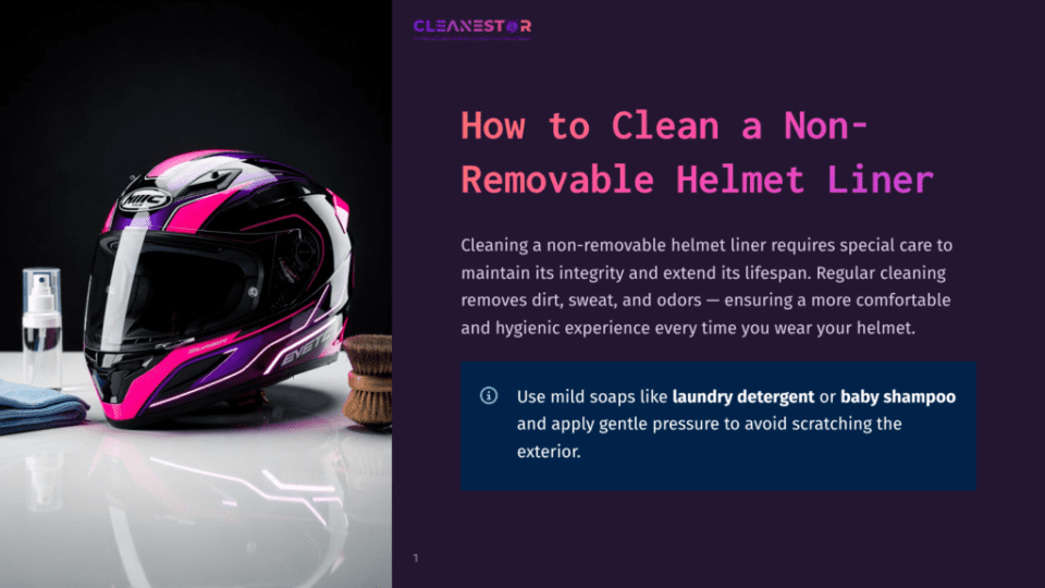 1 How To Clean A Non Removable Helmet Liner A Vibrant Pink And Purple Motorcycle Helmet Sits On A White Surface Next To Cleaning Supplies, Including A Spray Bottle, Blue Cloth, And A Brush. The Helmet Has A Black Visor And Metallic Accents.