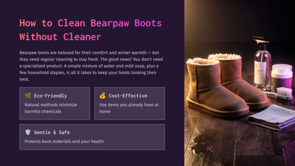 1 How To Clean Bearpaw Boots Without Cleaner Cozy Bearpaw Boots Sit On A Dark Wooden Floor Next To Cleaning Supplies: A Spray Bottle, A Jar, And A Brush. The Image Illustrates How To Clean Bearpaw Boots Without Cleaner.