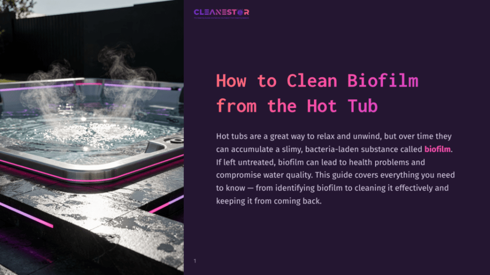 1 How To Clean Biofilm From The Hot Tub Close-Up Of A Steaming Hot Tub With Vibrant Pink And Purple Led Lights Illuminating The Water And The Dark, Glossy Surround. The Text &Quot;How To Clean Biofilm From The Hot Tub&Quot; Is Visible.