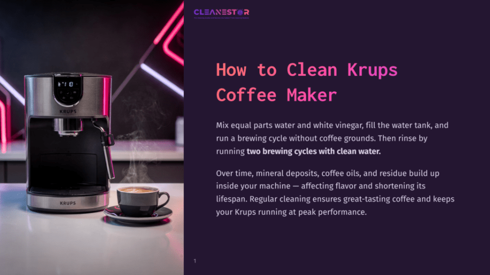 1 How To Clean Krups Coffee Maker A Krups Coffee Maker Emits A Small Plume Of Steam From Its Spout, Positioned On A White Countertop. The Machine Has A Modern Design With A Stainless Steel Finish And Digital Controls. A Cup And Saucer Are Nearby, With The Cup Appearing To Contain Freshly Brewed Coffee.
