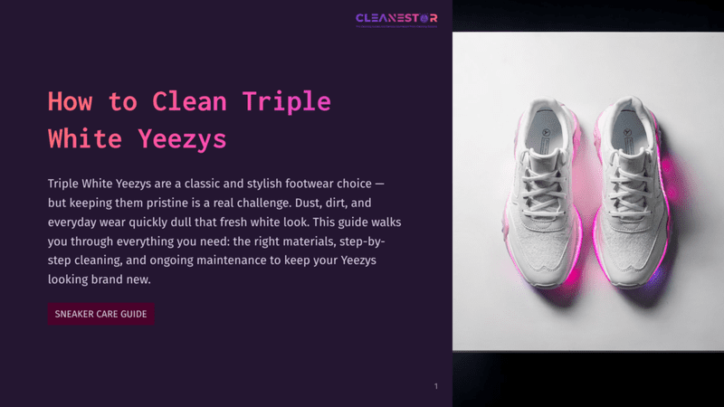1 How To Clean Triple White Yeezys 2 A Pair Of Pristine White Yeezy Sneakers, Illuminated By Pink And Purple Neon Lights, Sit On A Clean White Surface. The Text &Quot;Cleanestor&Quot; Is Visible In The Top Right Corner.