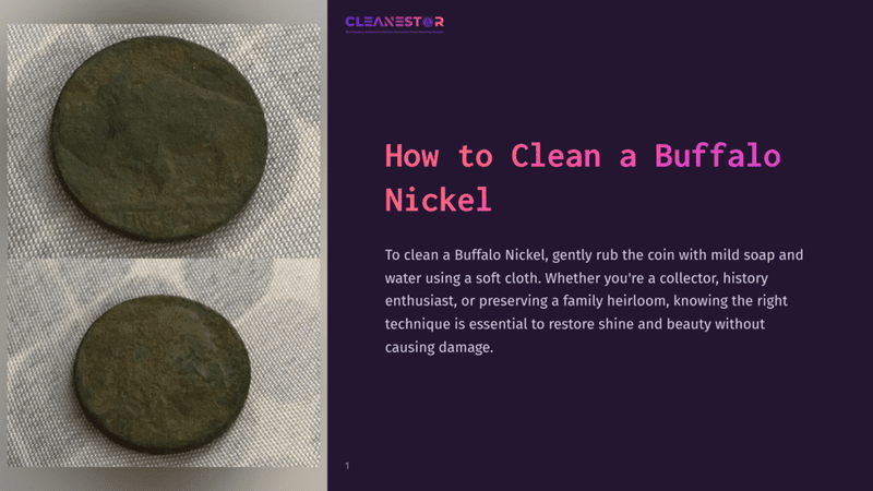 1 How To Clean A Buffalo Nickel Two Sides Of A Tarnished, Green-Patinaed Buffalo Nickel Coin Are Shown, One Above The Other, On A Light Gray Cloth Background. The Text &Quot;Cleanestor&Quot; And &Quot;How To Clean A Buffalo Nickel&Quot; Is Visible.
