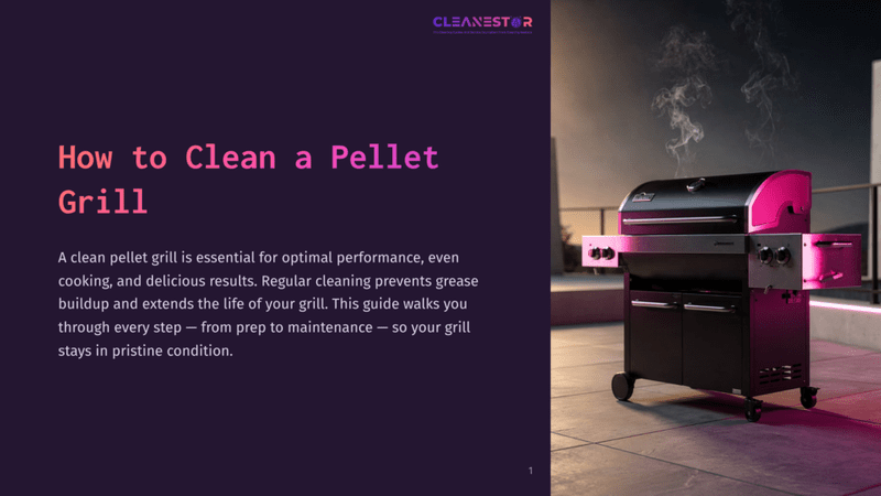 1 How To Clean A Pellet Grill A Dark, Modern Pellet Grill With Smoke Rising From The Top Sits On A Patio At Dusk, Illuminated By Purple And Pink Lights. The Text &Quot;Cleanestor&Quot; And &Quot;How To Clean A Pellet Grill&Quot; Is Visible On The Left.