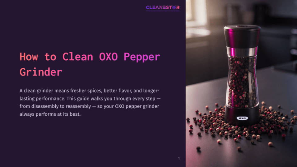 1 How To Clean Oxo Pepper Grinder A Black Oxo Pepper Grinder Filled With Peppercorns Sits On A Dark Countertop Surrounded By Scattered Black And Red Peppercorns. The Title &Quot;How To Clean Oxo Pepper Grinder&Quot; Is Displayed On The Left.