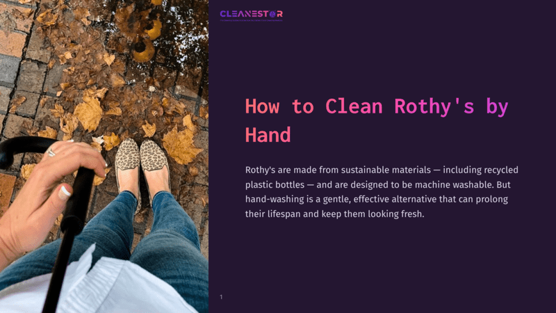 1 How To Clean Rothys By Hand Person'S Feet In Stylish Spotted Shoes On A Cobblestone Path Surrounded By Autumn Leaves, With A Hint Of Water Reflecting Nearby.