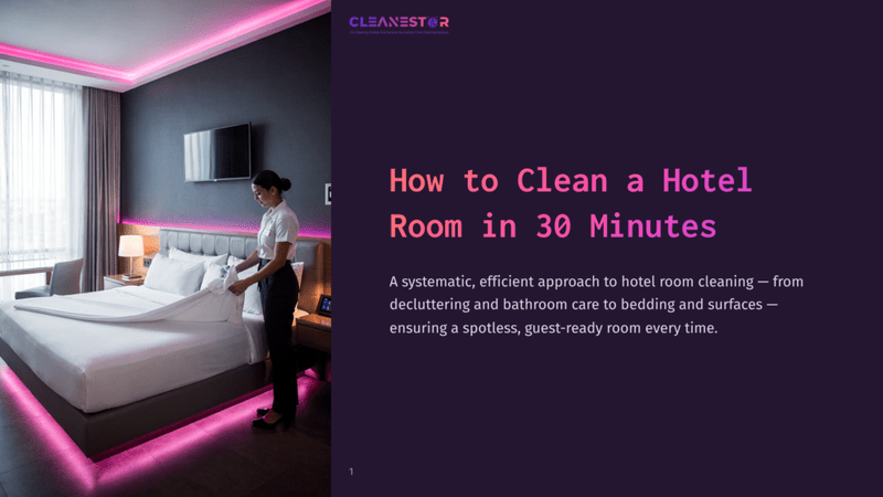 1 How To Clean A Hotel Room In 30 Minutes A Hotel Room With A Neatly Made Bed, Pink Ambient Lighting, And A Staff Member Arranging Linens, Showcasing An Organized Cleaning Space.