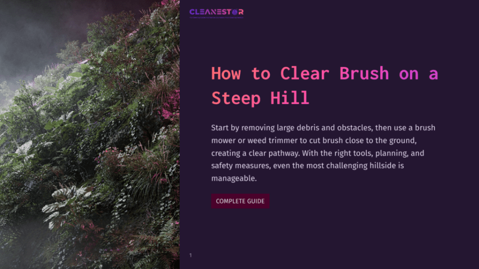 1 How To Clear Brush On A Steep Hill A Steep, Overgrown Hillside Covered In Lush Green Ferns And Pinkish-Purple Foliage, Shrouded In Mist. The Text &Quot;Cleanestor&Quot; And &Quot;How To Clear Brush On A Steep Hill&Quot; Is Visible On A Dark Background.