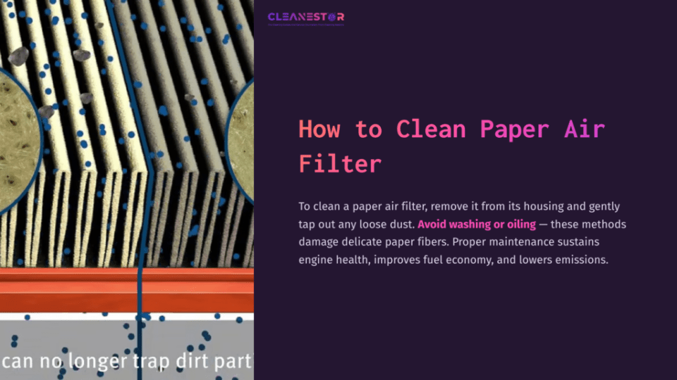 1 How To Clean Paper Air Filter Paper Air Filter With Visible Pleats, Displaying Blue Dust Particles, Alongside Text Instructions On Cleaning Methods And Maintenance Tips.