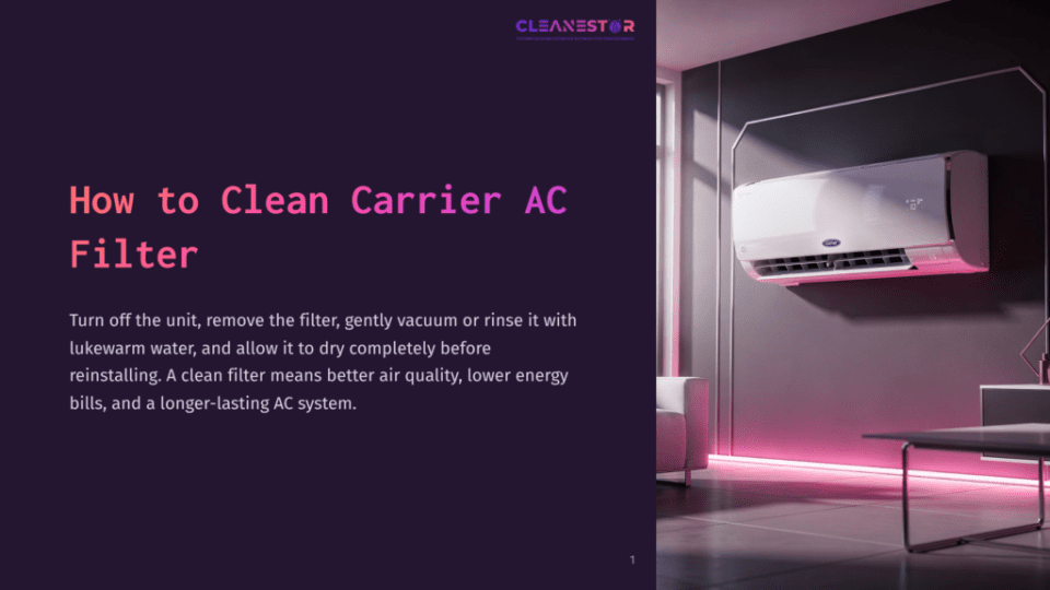 A Carrier Air Conditioner Mounted On A Wall With A Modern, Minimalist Room Featuring Purple And White Accents.