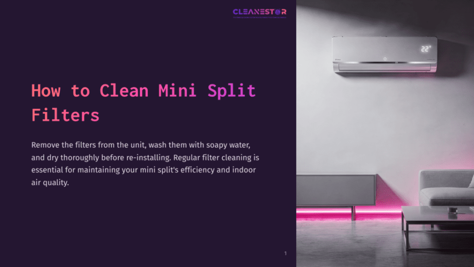 Cleanestor Logo And &Quot;How To Clean Mini Split Filters&Quot; Text On A Dark Purple Background, With A Modern Mini Split Air Conditioner Unit Mounted On A Wall Above A Grey Couch And A Coffee Table In The Background.