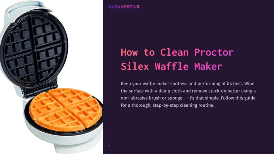 1 How To Clean Proctor Silex Waffle Maker Black Waffle Maker With Open Lid Revealing A Golden-Brown Waffle Inside, Set Against A White Background With Purple Text.
