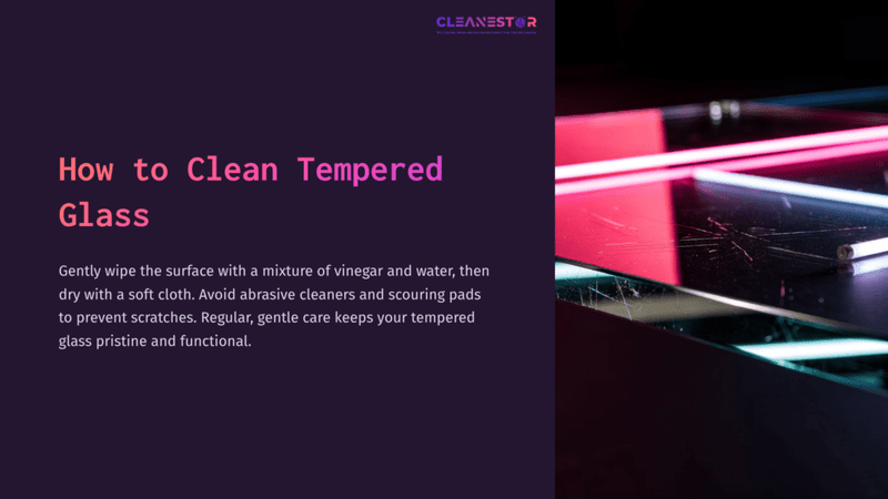 1 How To Clean Tempered Glass Close-Up Of Glossy Tempered Glass Reflecting Vibrant Pink Neon Lights, Alongside Text Instructions For Cleaning With Vinegar And Water.