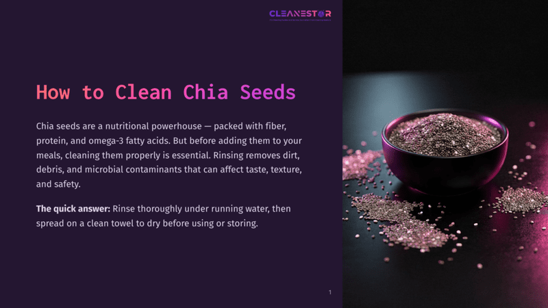 1 How To Clean Chia Seeds A Dark Bowl Filled With Chia Seeds Sits On A Dark, Textured Surface, With A Spill Of Chia Seeds In Front Of It. A Purple And Pink Neon Light Illuminates The Scene From The Left.