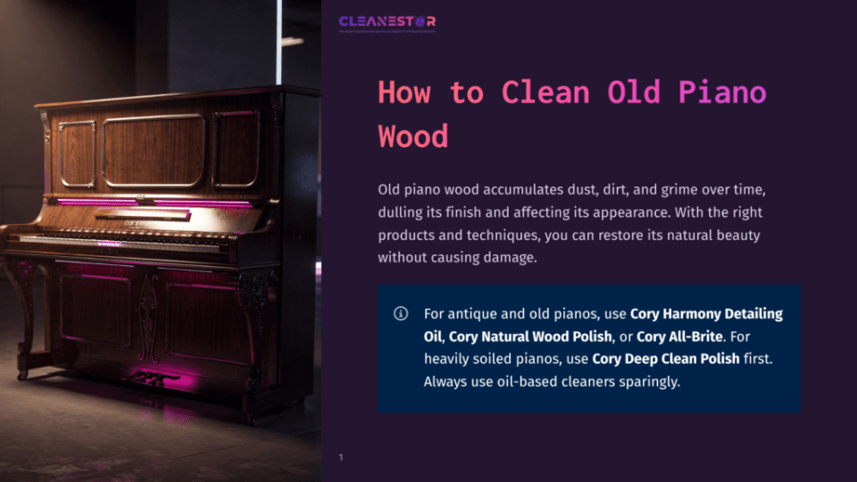 1 How To Clean Old Piano Wood A Vintage Upright Piano With Ornate Wooden Detailing And A Polished Dark Wood Finish, Illuminated By Vibrant Pink Stage Lighting. The Text &Quot;How To Clean Old Piano Wood&Quot; Is Prominently Displayed.