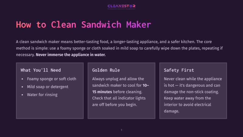 1 How To Clean Sandwich Maker Image With Text: &Quot;How To Clean Sandwich Maker.&Quot; The Text Outlines Cleaning Instructions, Safety Tips, And Necessary Supplies Like A Foamy Sponge And Mild Soap.