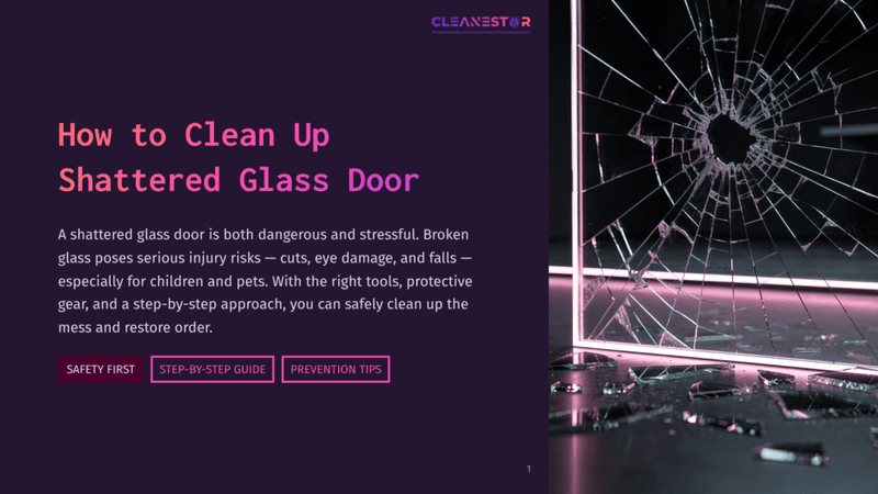 1 How To Clean Up Shattered Glass Door A Shattered Glass Door With Sharp Shards And Fragments Scattered Across A Dark Floor, With Pink Neon Lighting Reflecting On The Broken Glass. Text Overlay Reads &Quot;How To Clean Up Shattered Glass Door&Quot;.