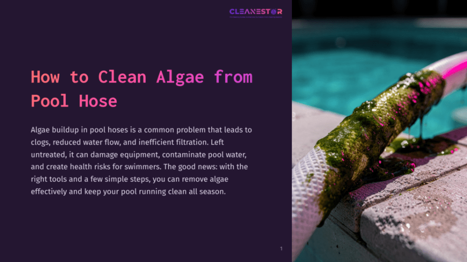 1 How To Clean Algae From Pool Hose A Pool Hose Covered In Thick, Green Algae, With Water Dripping Down. The Hose Lies On The Edge Of A Swimming Pool At Night, Illuminated By A Pink Light.