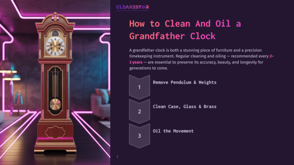1 How To Clean And Oil A Grandfather Clock A Classic Grandfather Clock Stands Tall In A Modern, Dimly Lit Room With Purple Neon Accents. The Clock Face Shows Roman Numerals, And Its Wooden Case Gleams. Text Overlay Reads: &Quot;Cleanestor - How To Clean And Oil A Grandfather Clock.