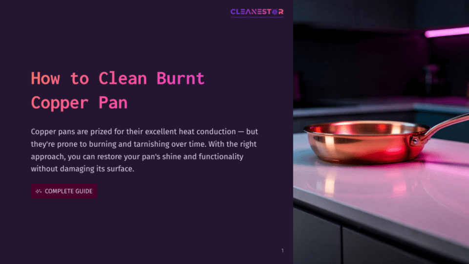 1 How To Clean Burnt Copper Pan A Shiny Copper Pan Sits On A White Countertop, With A Blurred Kitchen Background Featuring Pink Led Lighting. The Text &Quot;Cleanstar How To Clean Burnt Copper Pan&Quot; Is Visible.