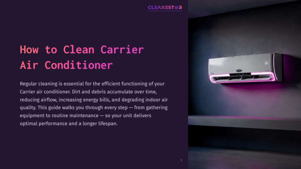 1 How To Clean Carrier Air Conditioner A Modern Carrier Air Conditioner Unit Mounted On A Dark Wall, Glowing With Pink And Purple Lights. The Text &Quot;How To Clean Carrier Air Conditioner&Quot; Is Prominently Displayed In White And Pink On The Left Side Of The Image.