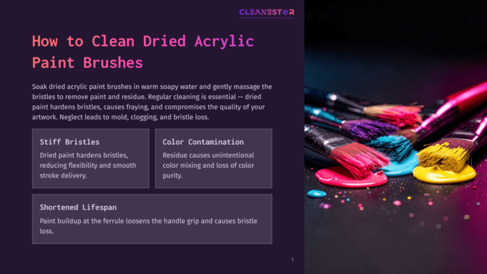 1 How To Clean Dried Acrylic Paint Brushes A Vibrant Array Of Acrylic Paint Brushes With Various Colors Such As Pink, Yellow, Blue, And Red, Displayed On A Black Surface With Colorful Paint Splashes.