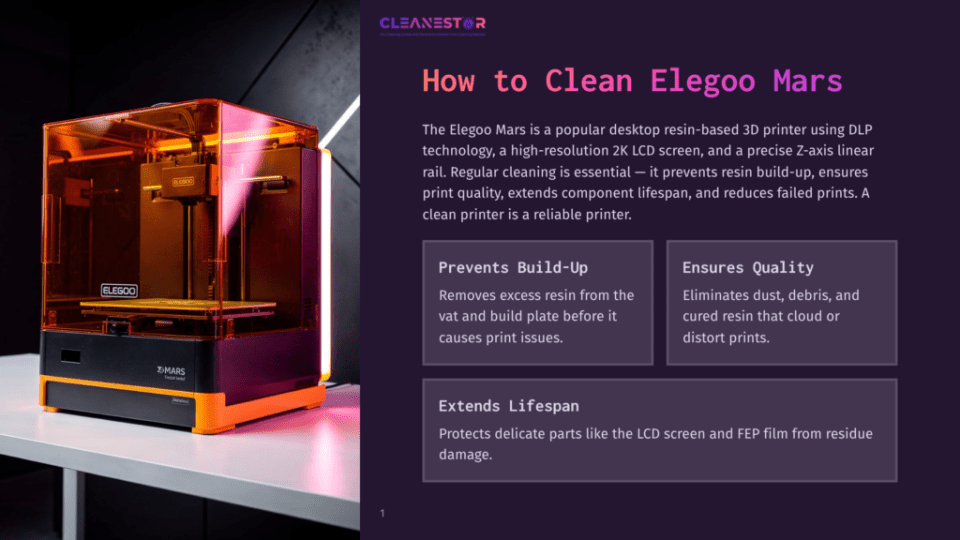 1 How To Clean Elegoo Mars Orange Elegoo Mars Resin 3D Printer With A Clear Lid, Displaying The Text &Quot;Cleanestor&Quot; And &Quot;How To Clean Elegoo Mars&Quot; On A Dark Background.