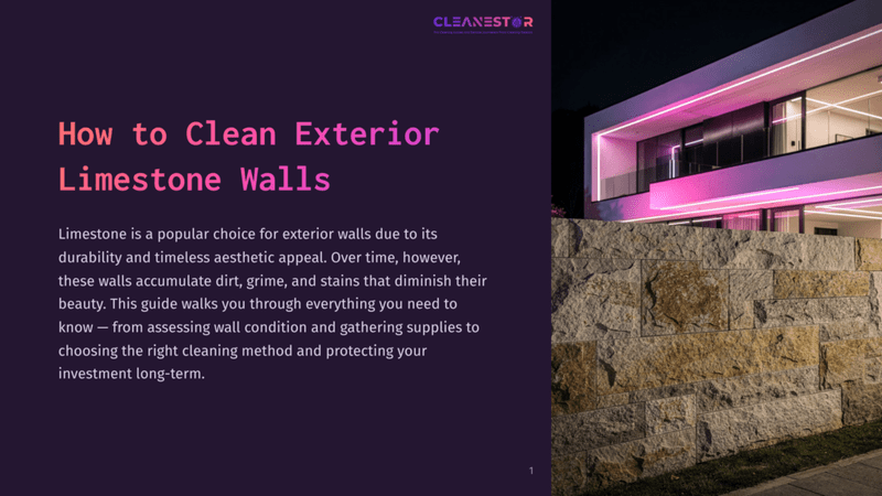 1 How To Clean Exterior Limestone Walls 1 Modern House Exterior At Night With Illuminated Pink Lights On The Facade And A Textured Limestone Wall In The Foreground. The Text &Quot;How To Clean Exterior Limestone Walls&Quot; Is Visible.