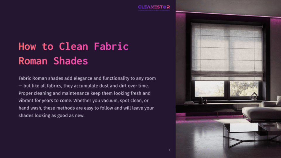 1 How To Clean Fabric Roman Shades Elegant Living Room With Modern Decor, Featuring A Dark Purple Wall With The Title &Quot;How To Clean Fabric Roman Shades.&Quot; A Window With A White Shade Is Open, Showing A View Of Trees Outside. The Room Includes A Glass Coffee Table, A Sleek Black Coffee Table, A Couch, And Pink Led Strip Lighting.