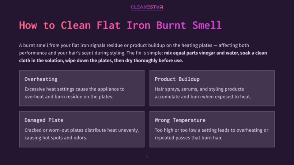 1 How To Clean Flat Iron Burnt Smell A Black Background Displays The Title &Quot;How To Clean Flat Iron Burnt Smell&Quot; In White, With Text Boxes Explaining Causes Like Overheating, Product Buildup, Damaged Plates, And Wrong Temperature Settings.