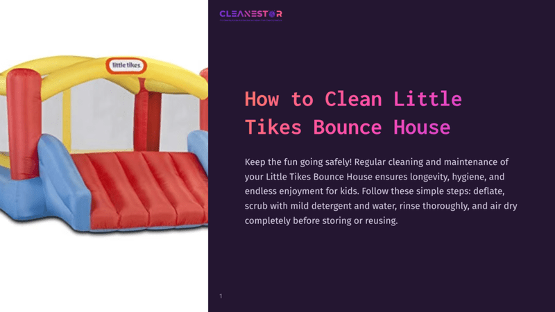 1 How To Clean Little Tikes Bounce House A Bright Yellow And Red Little Tikes Bounce House With Blue Inflatable Sides, Featuring The Little Tikes Logo, Set Against A Dark Background With The Title &Quot;How To Clean Little Tikes Bounce House&Quot; And Cleaning Instructions.