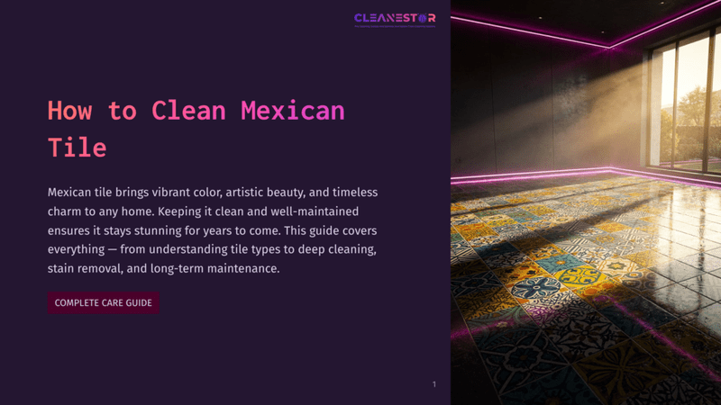 1 How To Clean Mexican Tile Cleanestor Logo And &Quot;How To Clean Mexican Tile&Quot; Title. A Modern Room With Vibrant, Colorful Mexican Tiles On The Floor, Illuminated By Neon Pink Lighting And Natural Sunlight Streaming Through A Large Window.