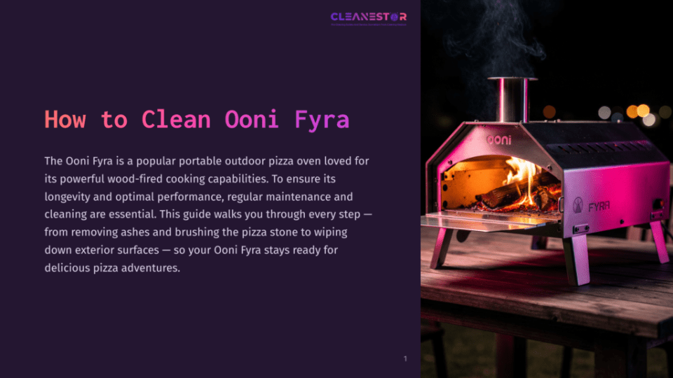 1 How To Clean Ooni Fyra A Red Ooni Fyra Pizza Oven With A Fire Burning Inside Sits On A Wooden Table Outdoors At Night, With Smoke Rising From The Chimney. The Text &Quot;How To Clean Ooni Fyra&Quot; Is On The Left Side Of The Image.
